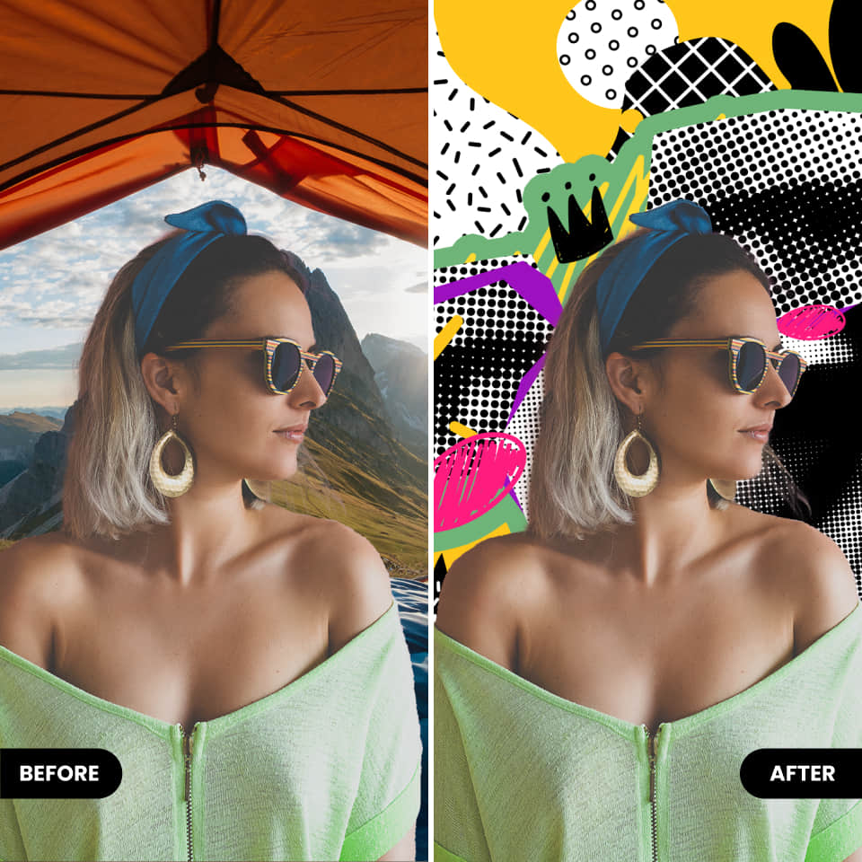 BeautyPlusのエディタで写真から背景を除去する ビフォーアフター 