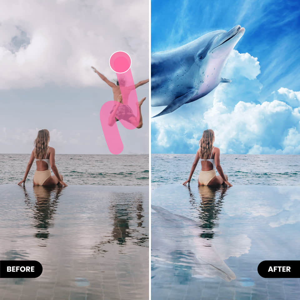 Remove objects and cleanup pictures in BeautyPlus editor before vs after