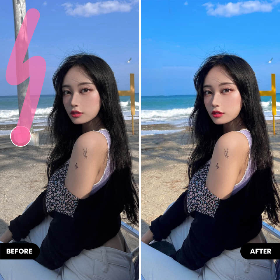 Remove objects and cleanup pictures in BeautyPlus editor before vs after